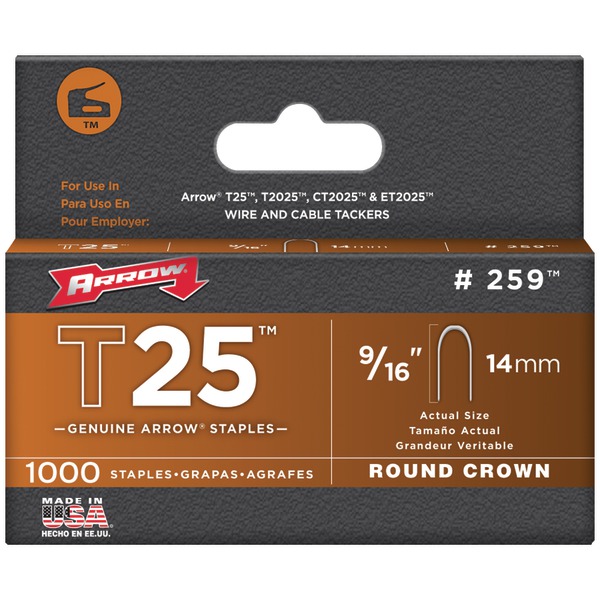 Arrow 259 T25 Round Crown Staples, 1,000 Pack (9/16 In.)