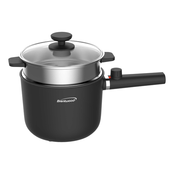 Brentwood HPS-3150BK 1.6-Qt. 600-Watt Multifunction Electric Hot Pot Cooker with Ceramic Nonstick Coating and Stainless-Steel Food Steamer
