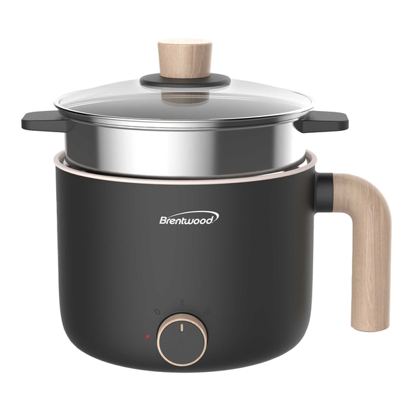 Brentwood HPS-3172BK 1.6-Qt. 600-Watt Multifunction Electric Hot Pot Cooker with Ceramic Nonstick Coating and Stainless Steel Food Steamer