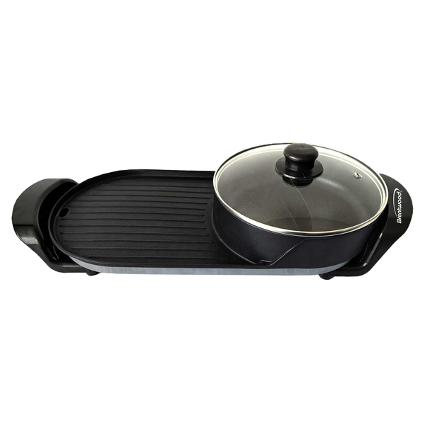 Brentwood SK-71BK 2-Qt. 1,200-Watt 2-Sided Electric Hot Pot and 18-In. x 9-In. Korean BBQ Grill with Ceramic Nonstick Coating, Black