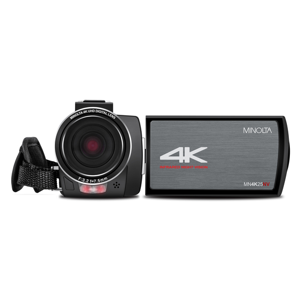 Minolta MN4K25NV-W-BK 4K-Ultra-HD IR Night Vision Camcorder with 16x Digital Zoom, Anti-Shake, Rechargeable Battery, and 16-GB SDHC Card