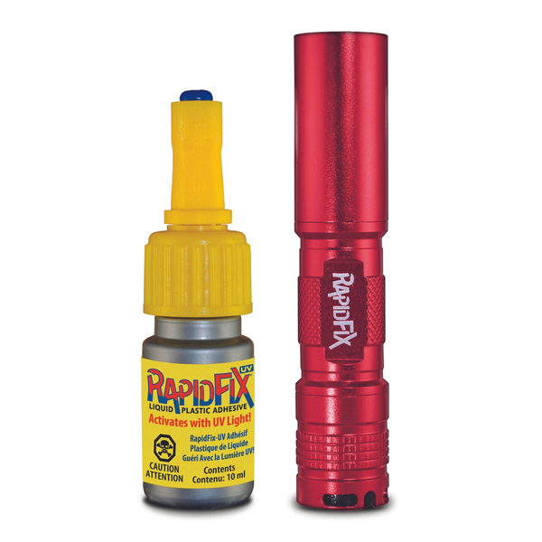 RapidFix 6121805ES Liquid Plastic UV-Activated Adhesive with UV Flashlight, 10-mL Bottle