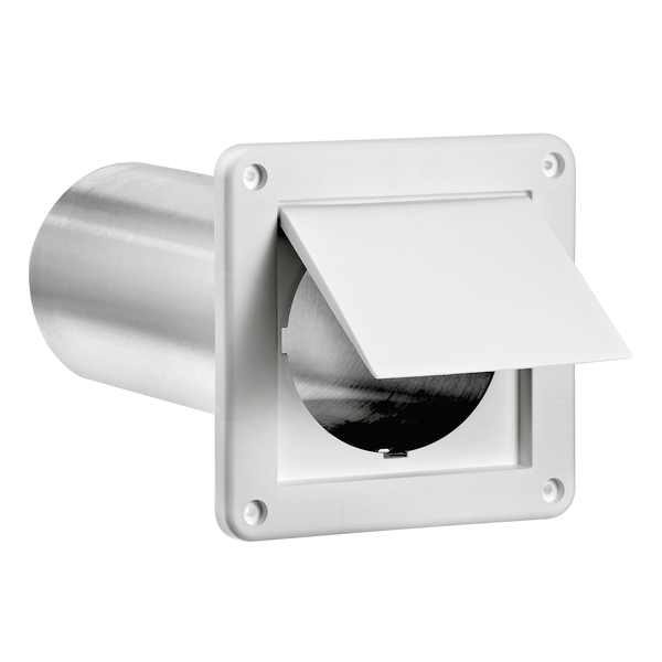 Lambro 1422WTP-R 4-In. Plastic Wall Exhaust Dryer Vent with Single Flap and 11-in. Pipe, White, 1422WTP-R