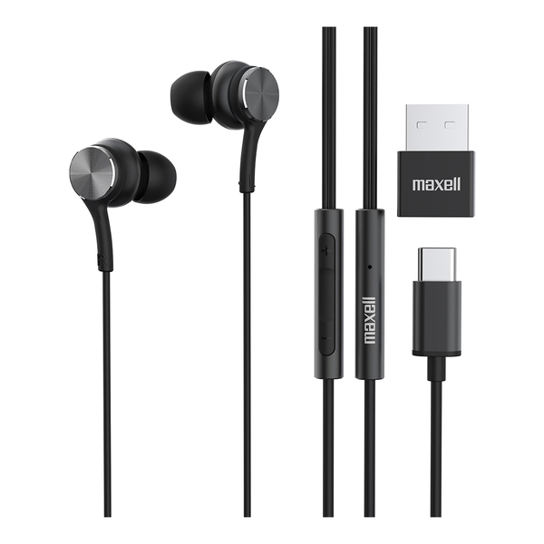 Maxell 197299 Fusion X Wiews In-Ear Earbuds with In-Line Mic/Remote, USB-C Connector, and USB-A Adapter