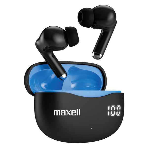 Maxell 197311 Bass 13 TWS Bluetooth In-Ear Earbuds with Mics and Charging Case, ANC, ENC, Digital Battery Life Display on Case