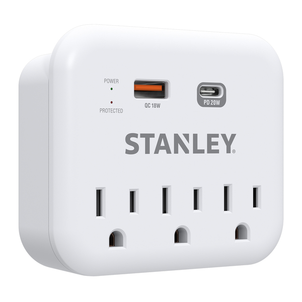 STANLEY 30423 3-AC Outlet 2-USB Port 600-Joules SurgePro 3 USB Extreme Surge Protector Wall Tap with PD Fast Charging and Integrated Phone Shelf