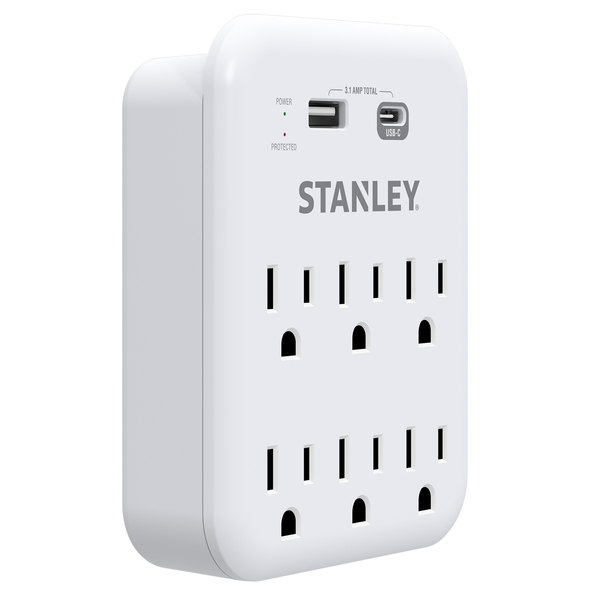 STANLEY 30426 6-AC Outlet 2-USB Port 1,200-Joules SurgePro 1200 USB Extreme Surge Protector Wall Tap Adapter with Integrated Phone Shelf, 30426