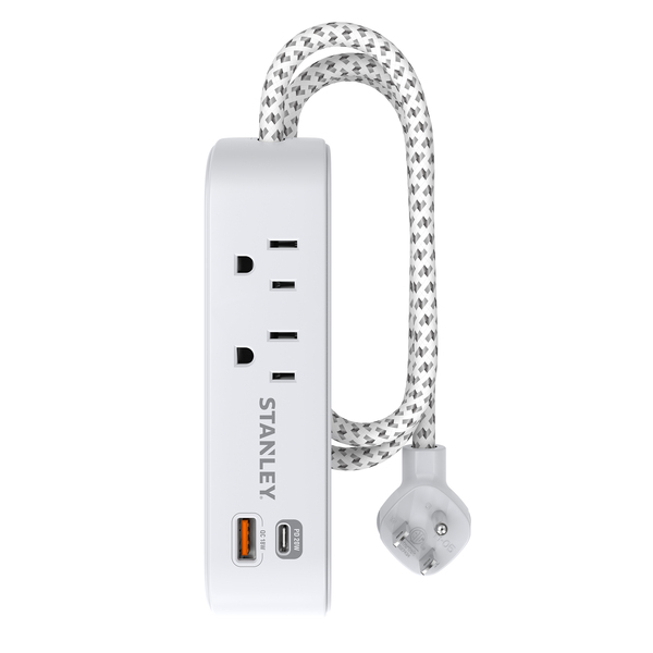 STANLEY 33254 2-AC Outlet 2-USB Port 300-Joules SurgeMax Surge Protector Power Strip with PD, 6-Ft. Fabric-Braided Cord with Low-Profile Plug (White)