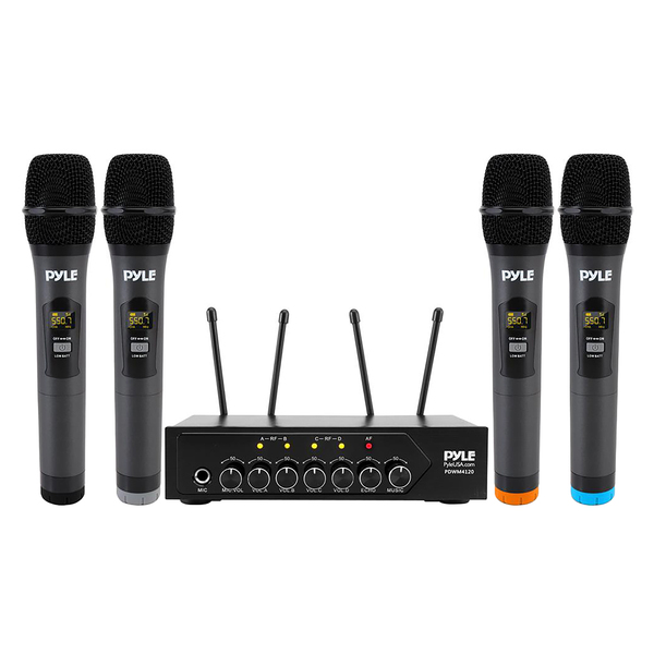Pyle PDWM4120 Home and Office UHF 50-Channel Wireless Microphone System with 4 Handheld Microphones, Bluetooth Input, Adjustable Volume, PDWM4120