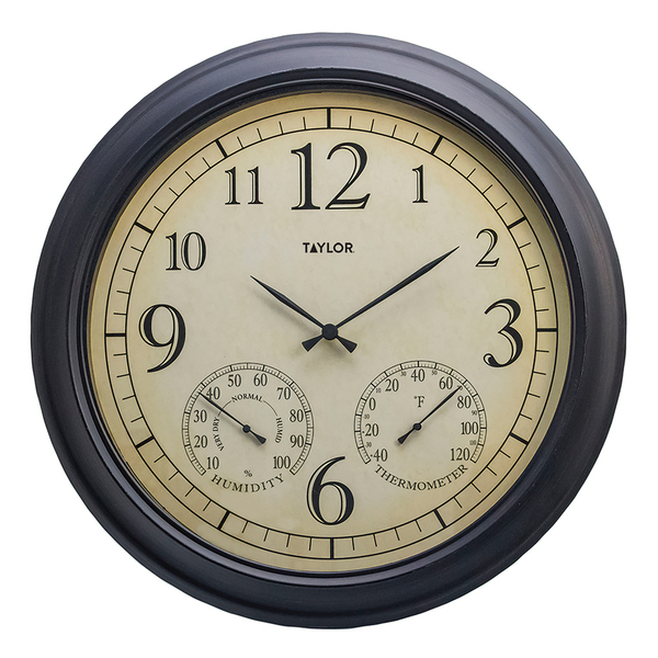 Taylor Precision Products 92728T 18.5-In. Bronze Analog Quartz Time/Temp/Hygrometer Outdoor Round Clock, Battery Operated, UV/Fade-Resistant, Metal