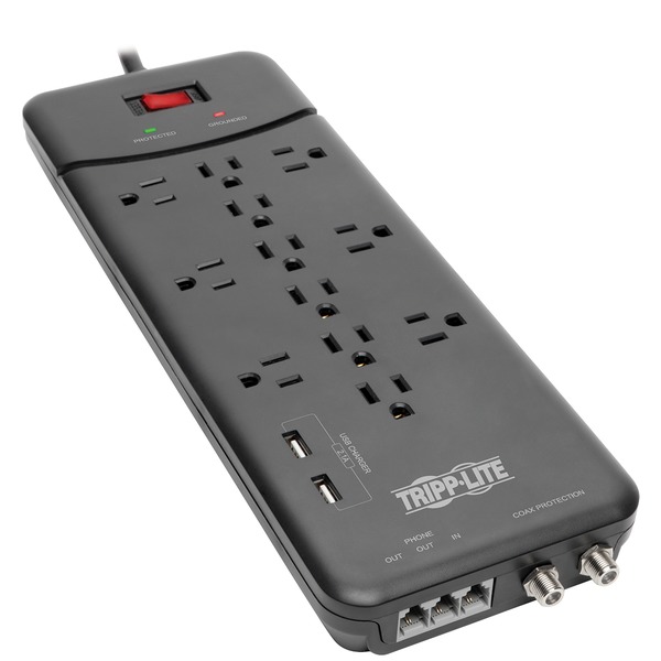 Tripp Lite by Eaton TLP128TTUSBB 12-AC Outlet, 2-USB Port, Telco, and Coax 4,320-Joules Protect It! Surge Protector Power Strip, 8-Ft. Cord