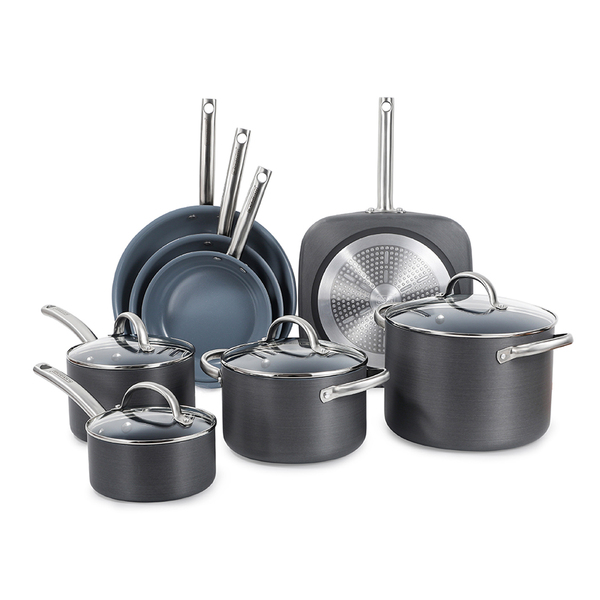 BLACK+DECKER BDK100B 12-Piece Ceramic and Aluminum Cookware Set, Gray